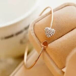 Gold Heart Bangle Bracelet Rhinestone Heart Bridal Jewelry Modern Elegant